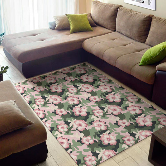 Pink Hibiscus Flower Camouflage Print Area Rug