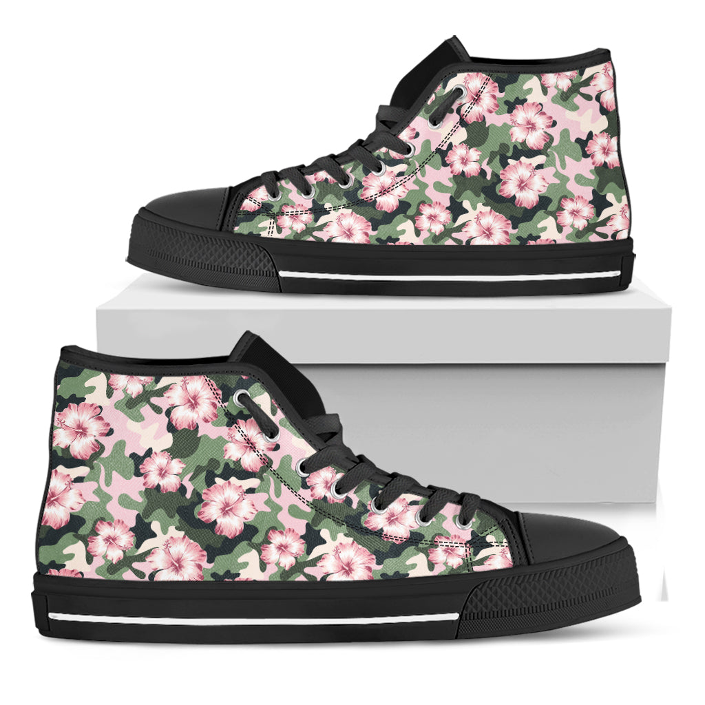 Pink Hibiscus Flower Camouflage Print Black High Top Shoes