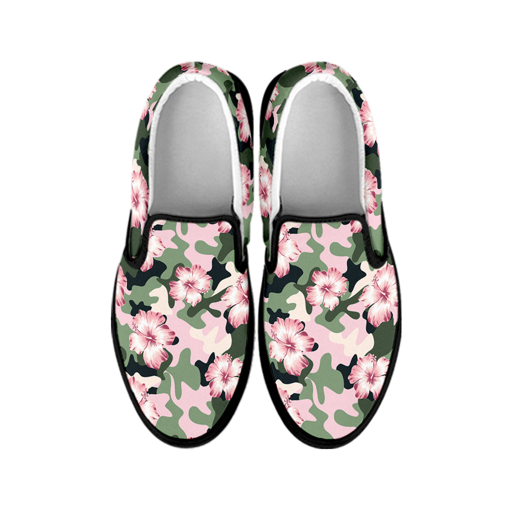 Pink Hibiscus Flower Camouflage Print Black Slip On Shoes