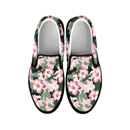 Pink Hibiscus Flower Camouflage Print Black Slip On Shoes