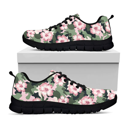 Pink Hibiscus Flower Camouflage Print Black Sneakers