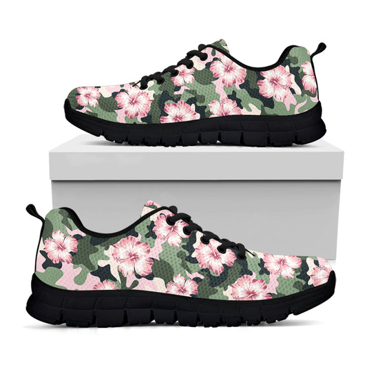 Pink Hibiscus Flower Camouflage Print Black Sneakers