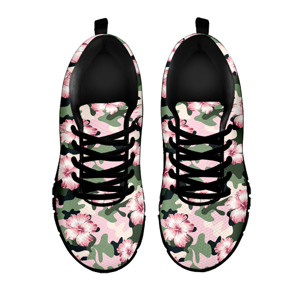 Pink Hibiscus Flower Camouflage Print Black Sneakers