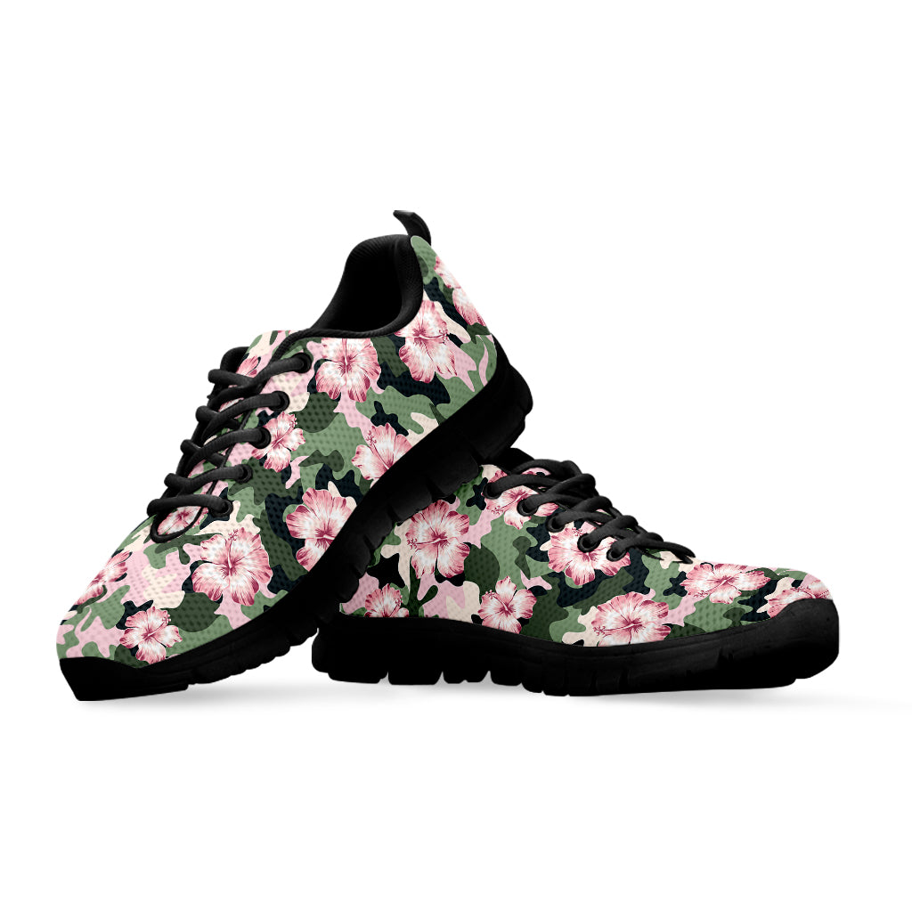 Pink Hibiscus Flower Camouflage Print Black Sneakers