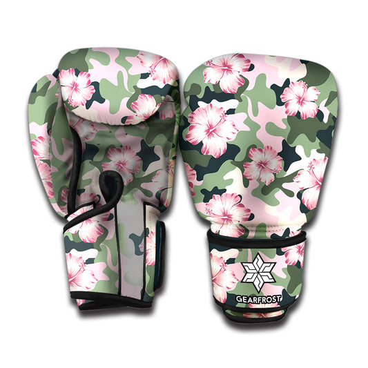 Pink Hibiscus Flower Camouflage Print Boxing Gloves