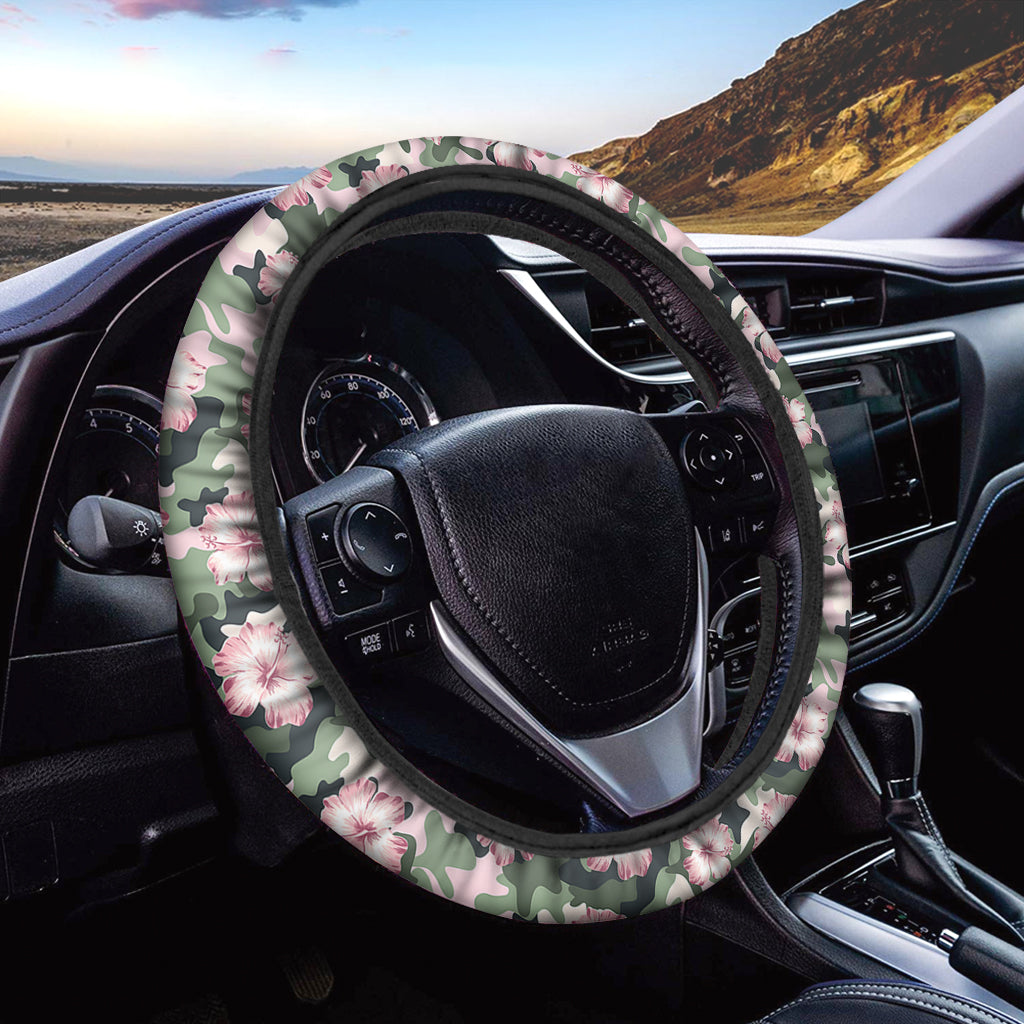 Pink Hibiscus Flower Camouflage Print Car Steering Wheel Cover