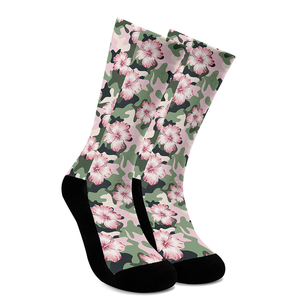 Pink Hibiscus Flower Camouflage Print Crew Socks