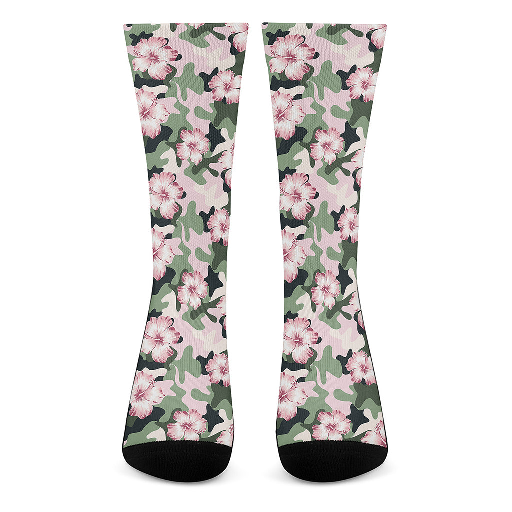 Pink Hibiscus Flower Camouflage Print Crew Socks