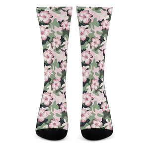 Pink Hibiscus Flower Camouflage Print Crew Socks