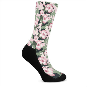 Pink Hibiscus Flower Camouflage Print Crew Socks