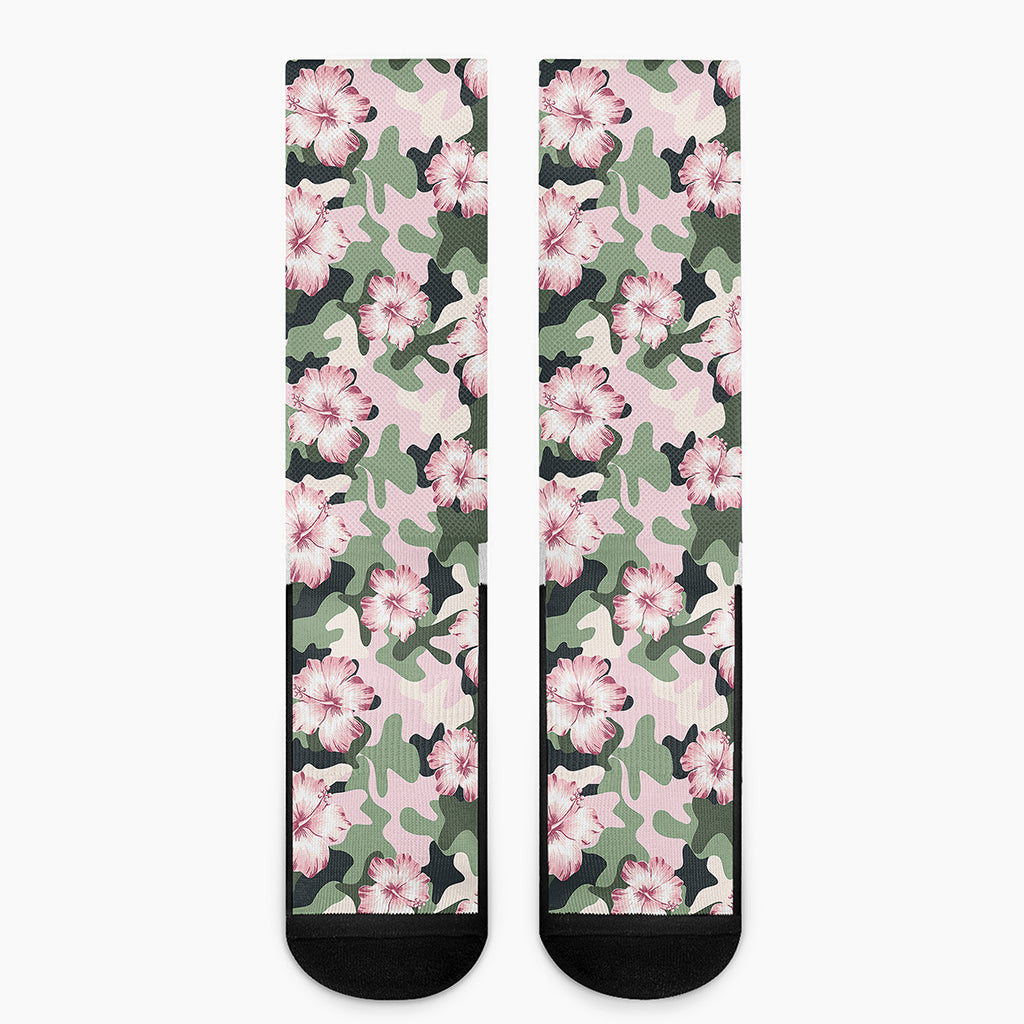 Pink Hibiscus Flower Camouflage Print Crew Socks