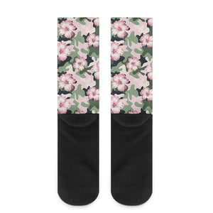 Pink Hibiscus Flower Camouflage Print Crew Socks