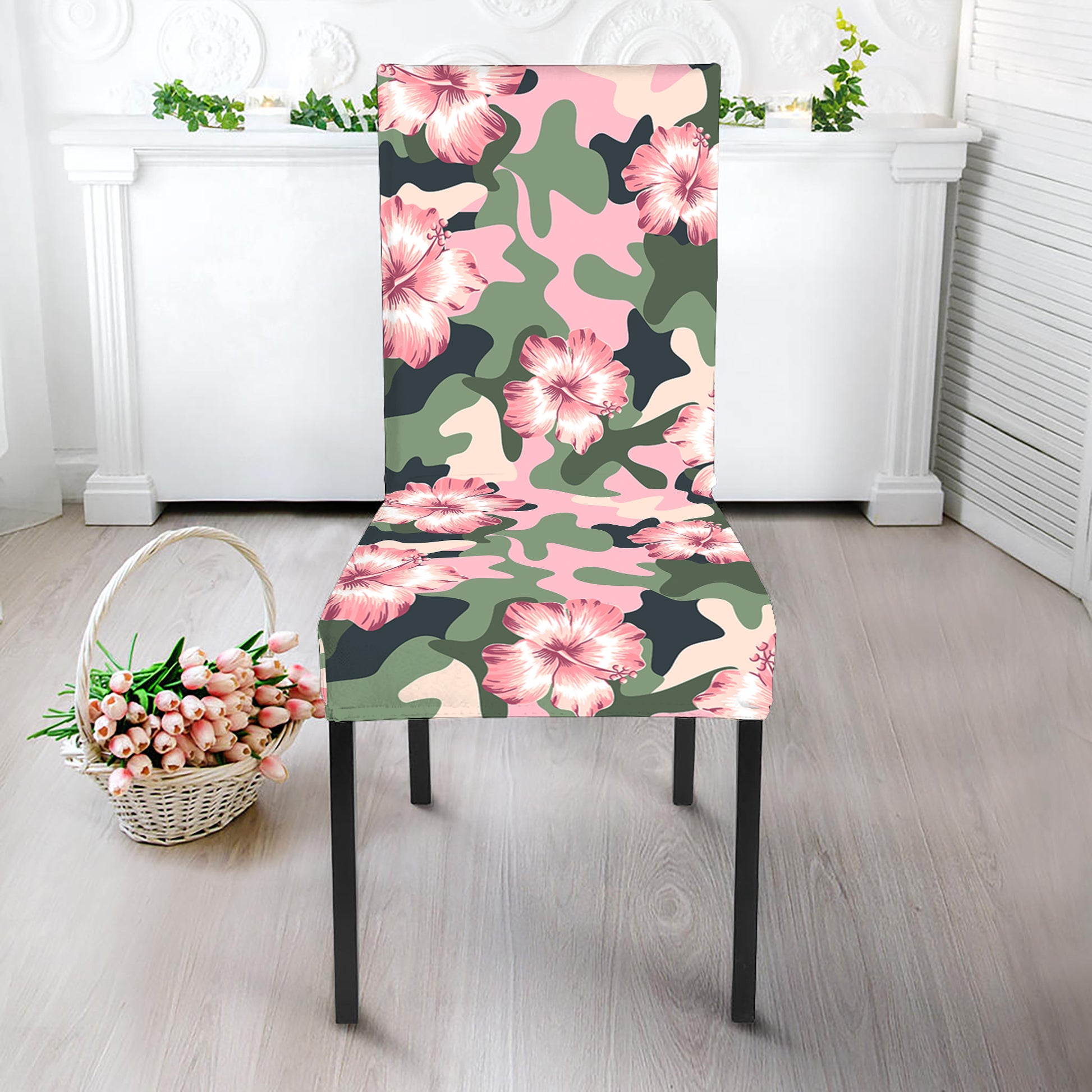 Pink Hibiscus Flower Camouflage Print Dining Chair Slipcover