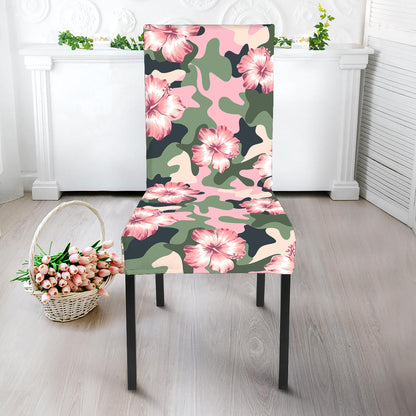 Pink Hibiscus Flower Camouflage Print Dining Chair Slipcover