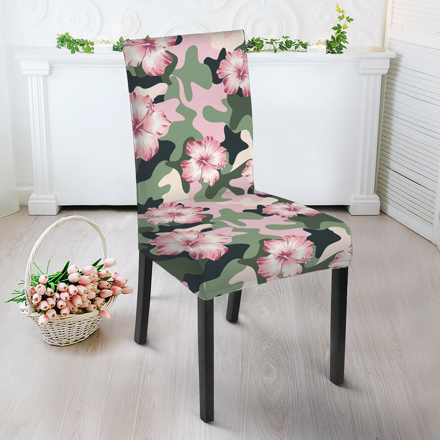 Pink Hibiscus Flower Camouflage Print Dining Chair Slipcover