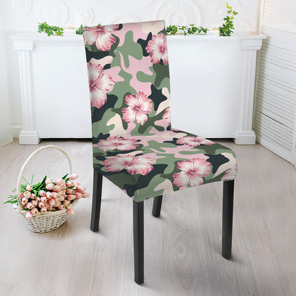 Pink Hibiscus Flower Camouflage Print Dining Chair Slipcover