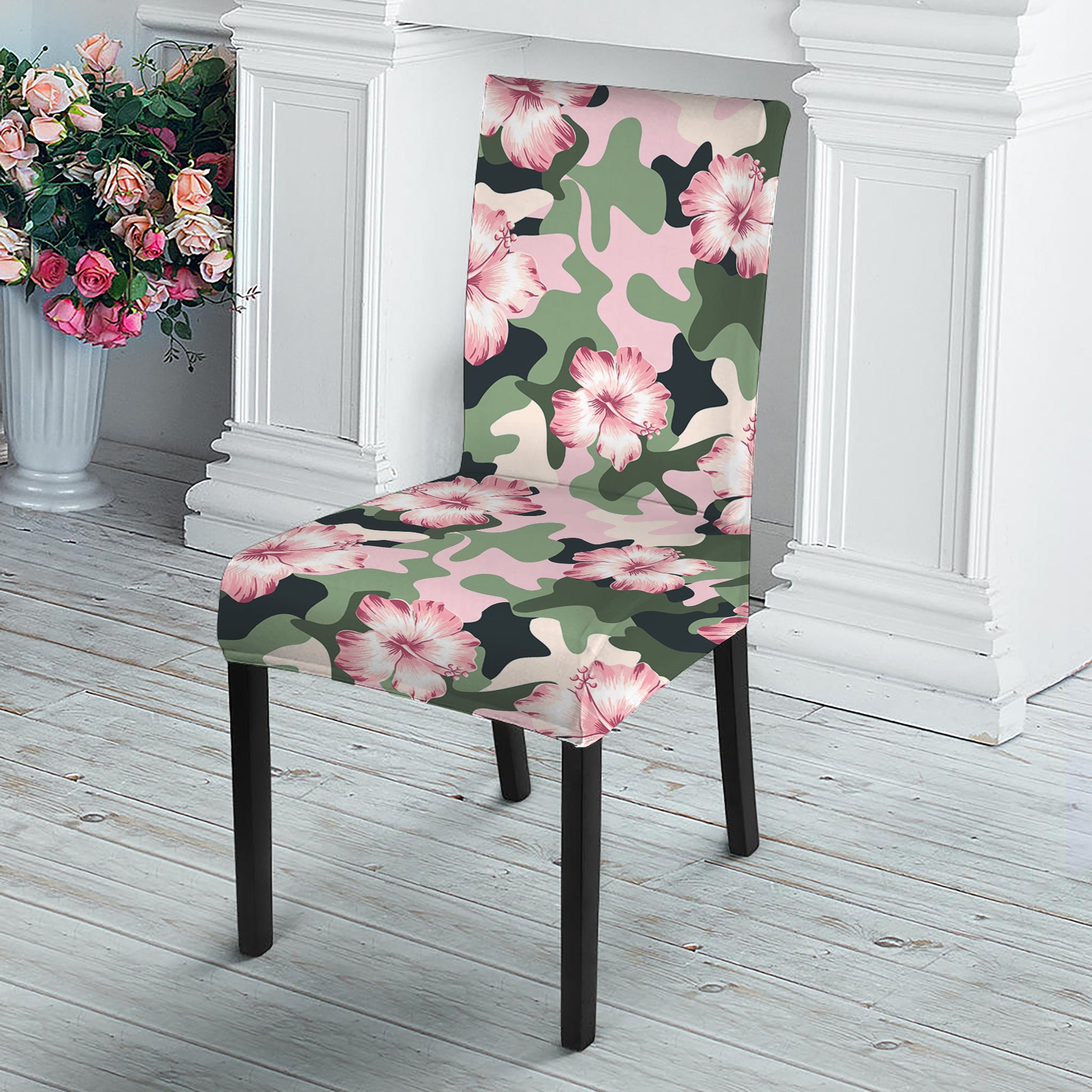 Pink Hibiscus Flower Camouflage Print Dining Chair Slipcover