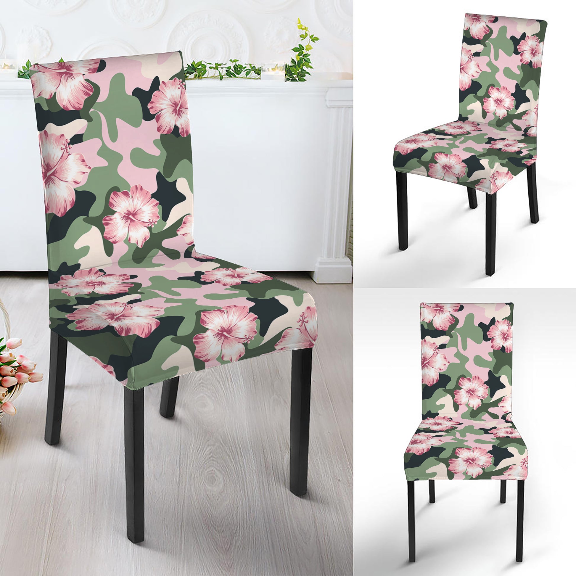 Pink Hibiscus Flower Camouflage Print Dining Chair Slipcover