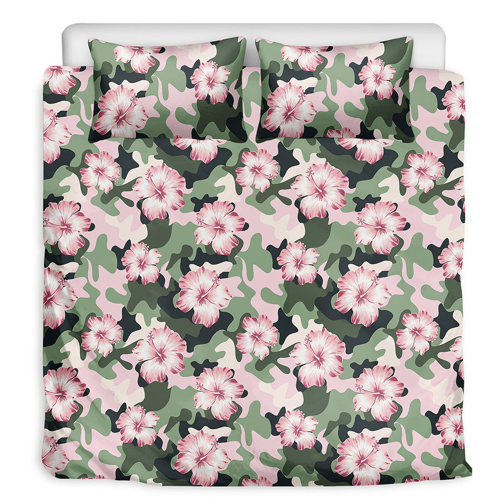 Pink Hibiscus Flower Camouflage Print Duvet Cover Bedding Set