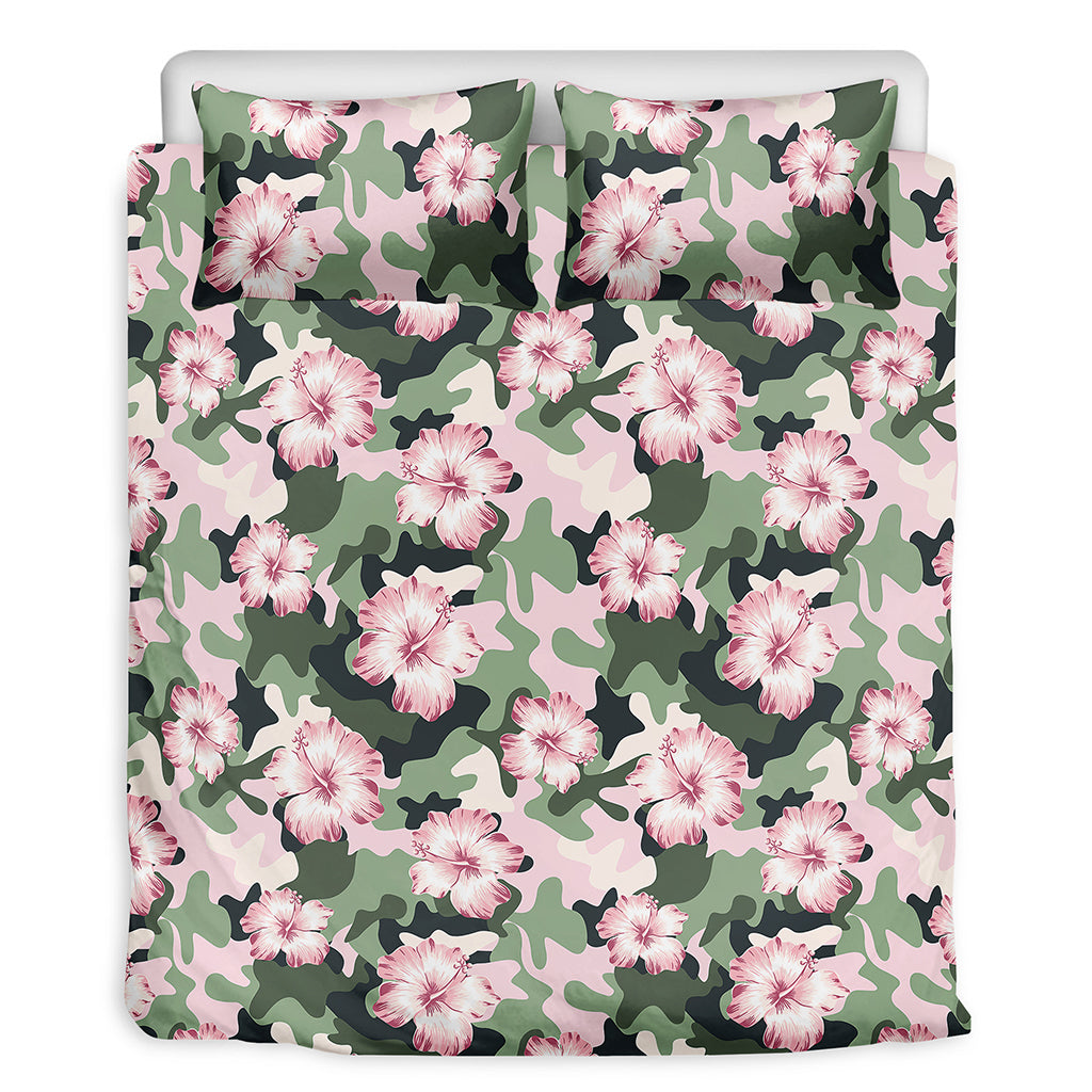 Pink Hibiscus Flower Camouflage Print Duvet Cover Bedding Set