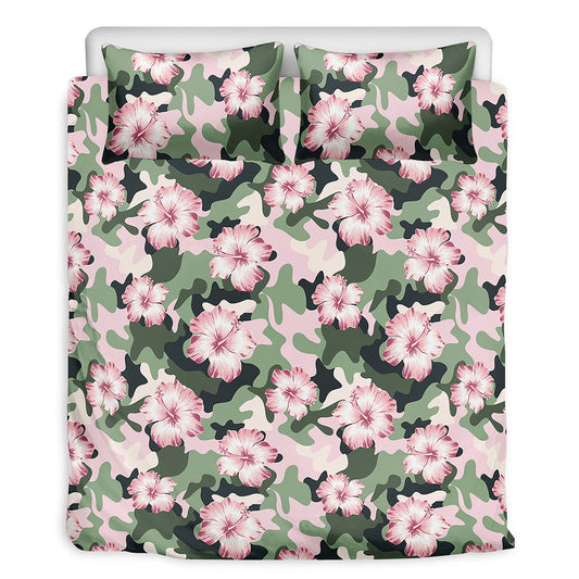Pink Hibiscus Flower Camouflage Print Duvet Cover Bedding Set