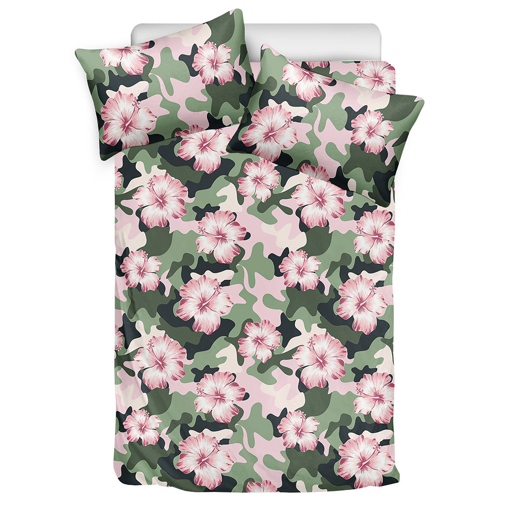 Pink Hibiscus Flower Camouflage Print Duvet Cover Bedding Set