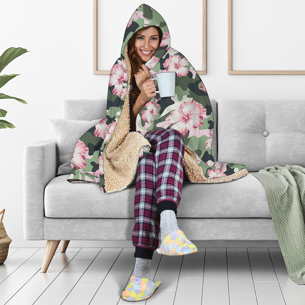 Pink Hibiscus Flower Camouflage Print Hooded Blanket