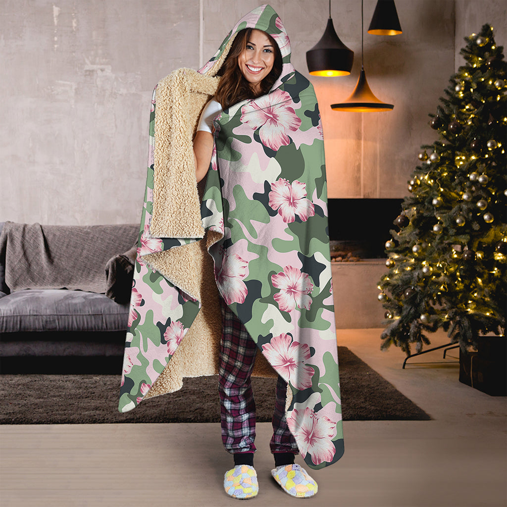 Pink Hibiscus Flower Camouflage Print Hooded Blanket
