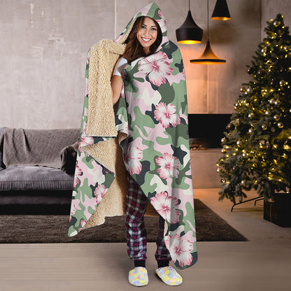 Pink Hibiscus Flower Camouflage Print Hooded Blanket
