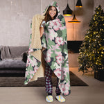 Pink Hibiscus Flower Camouflage Print Hooded Blanket