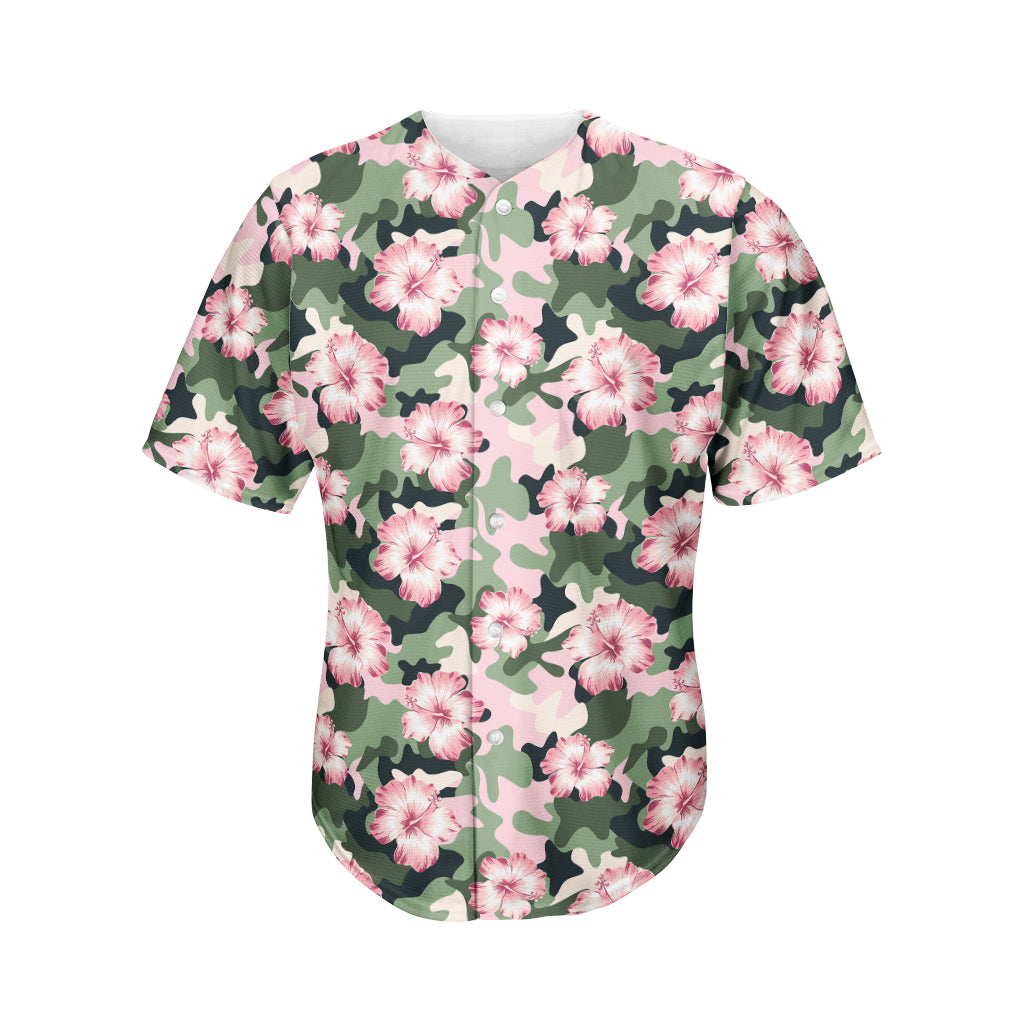 Pink Hibiscus Flower Camouflage Print Men's Baseball Jersey