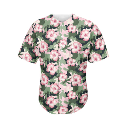 Pink Hibiscus Flower Camouflage Print Men's Baseball Jersey