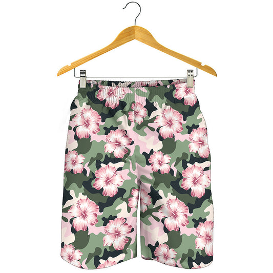 Pink Hibiscus Flower Camouflage Print Men's Shorts