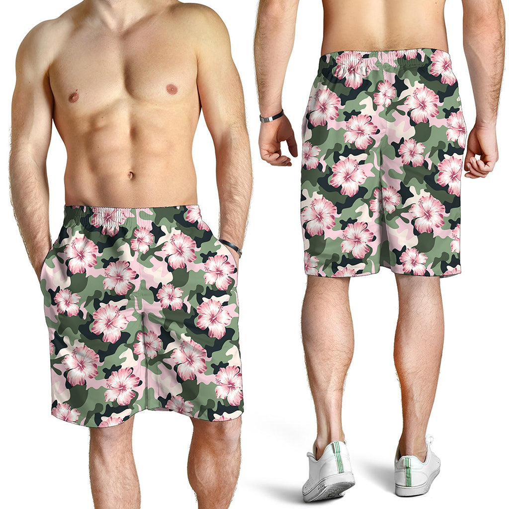 Pink Hibiscus Flower Camouflage Print Men's Shorts