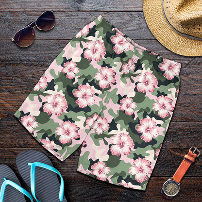 Pink Hibiscus Flower Camouflage Print Men's Shorts