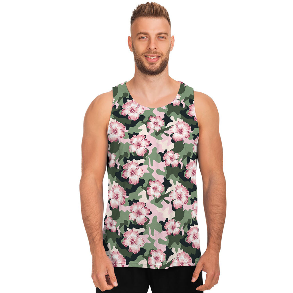 Pink Hibiscus Flower Camouflage Print Men's Tank Top