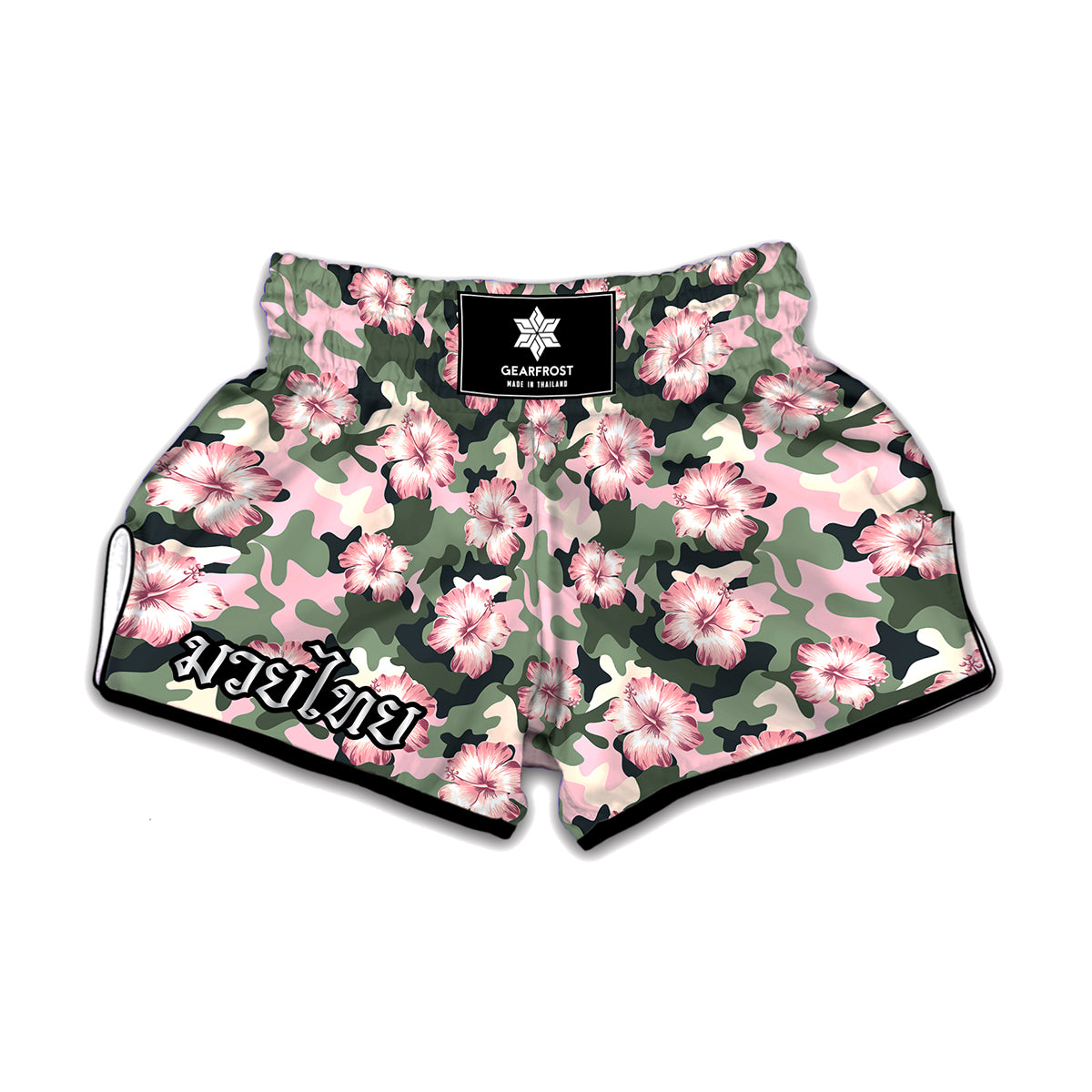 Pink Hibiscus Flower Camouflage Print Muay Thai Boxing Shorts