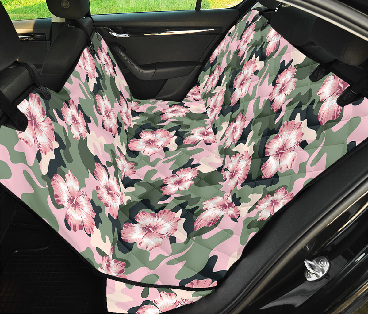 Pink Hibiscus Flower Camouflage Print Pet Car Back Seat Cover