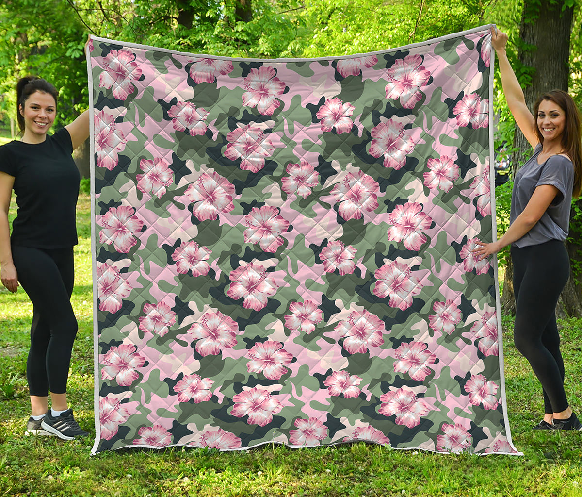 Pink Hibiscus Flower Camouflage Print Quilt