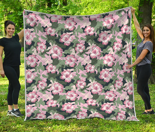 Pink Hibiscus Flower Camouflage Print Quilt