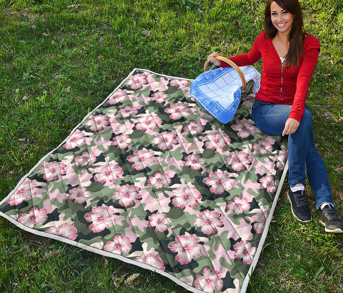 Pink Hibiscus Flower Camouflage Print Quilt