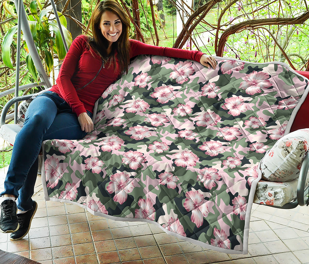 Pink Hibiscus Flower Camouflage Print Quilt