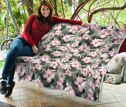 Pink Hibiscus Flower Camouflage Print Quilt
