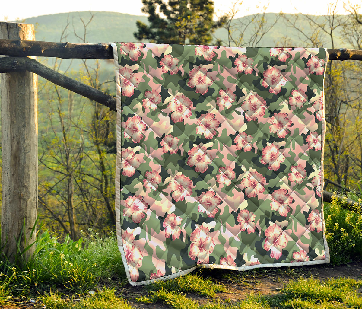 Pink Hibiscus Flower Camouflage Print Quilt