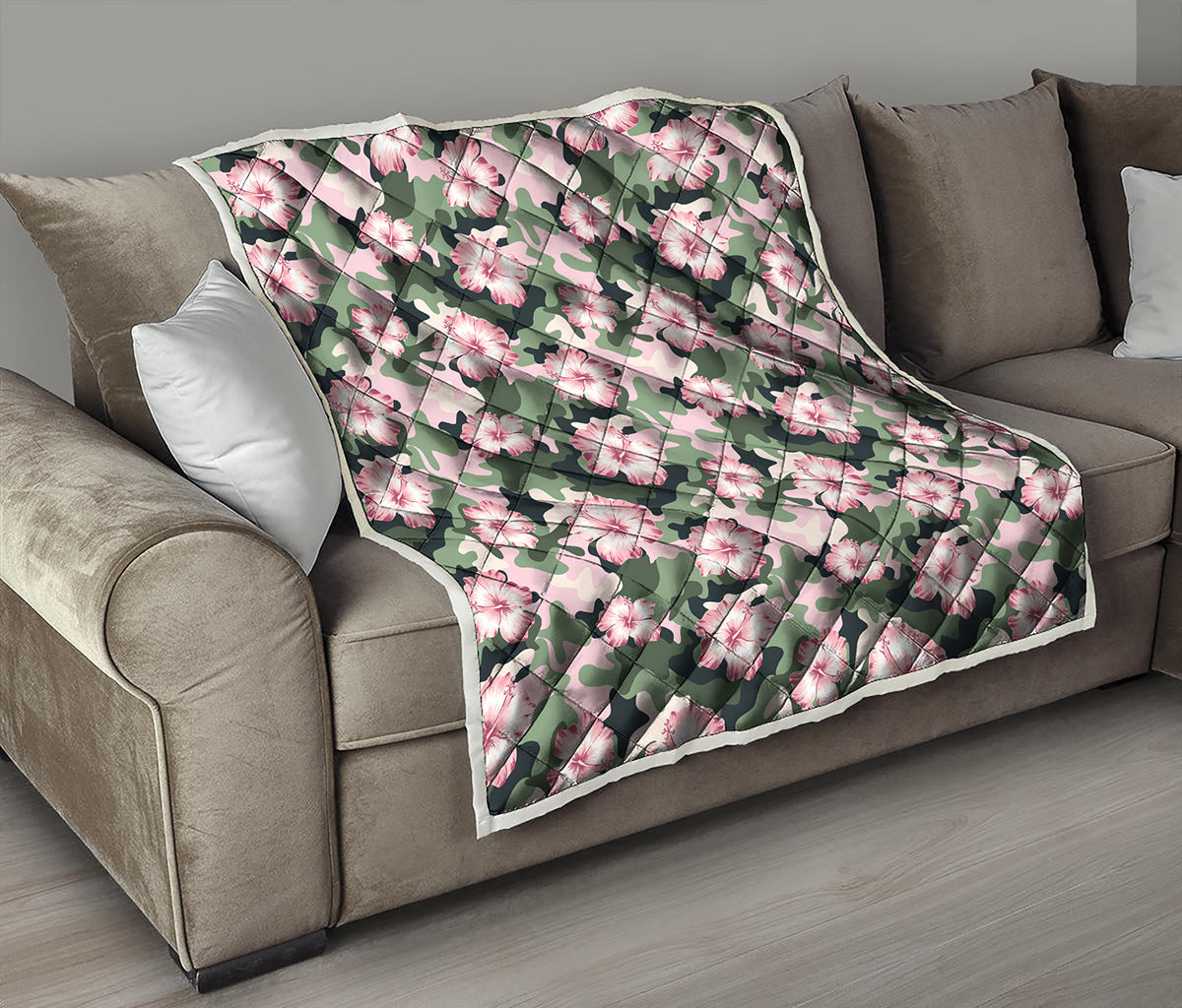 Pink Hibiscus Flower Camouflage Print Quilt