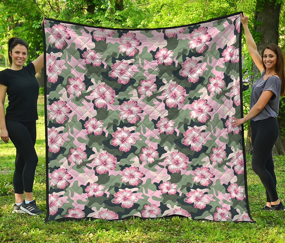 Pink Hibiscus Flower Camouflage Print Quilt
