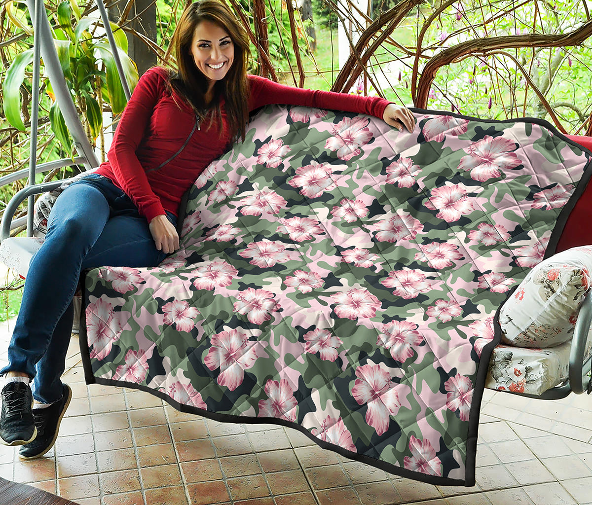 Pink Hibiscus Flower Camouflage Print Quilt