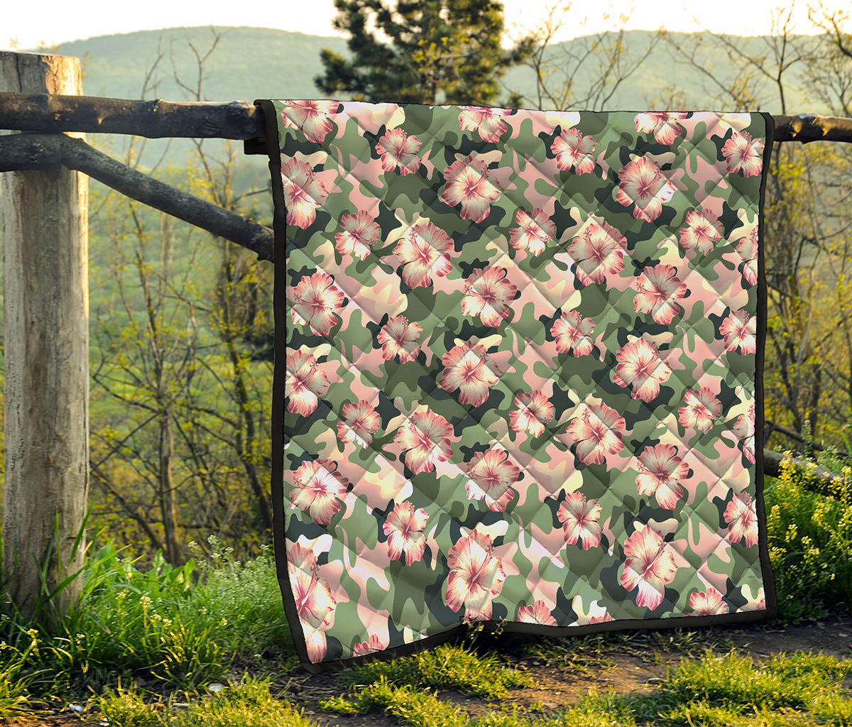 Pink Hibiscus Flower Camouflage Print Quilt