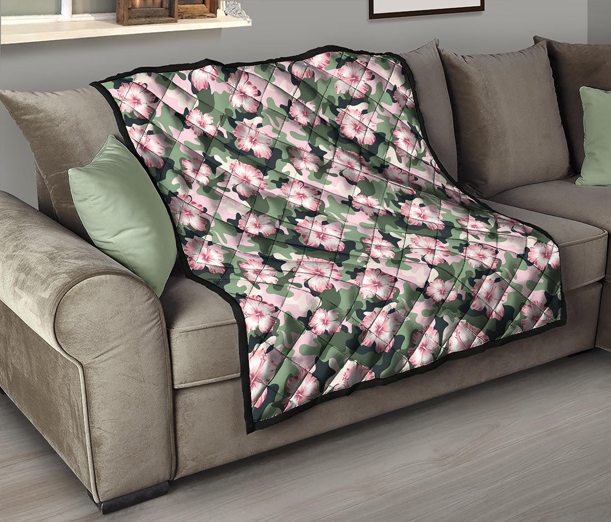 Pink Hibiscus Flower Camouflage Print Quilt