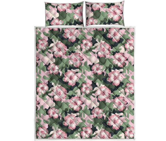 Pink Hibiscus Flower Camouflage Print Quilt Bed Set